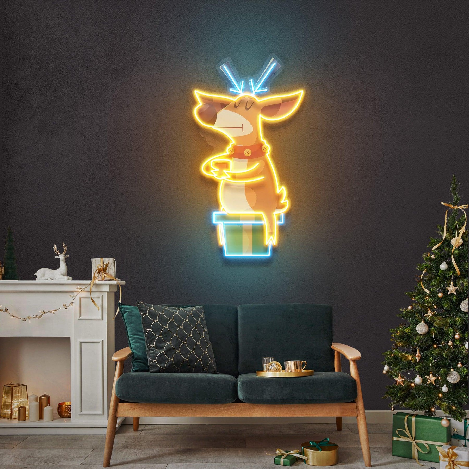 Deer On Gift Christmas LED Neon Acrylic Artwork