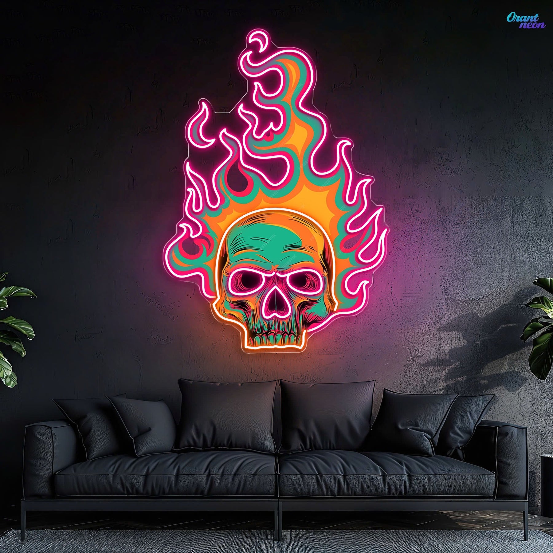 Colorful Fire Burning Skull Neon Sign Light Artwork