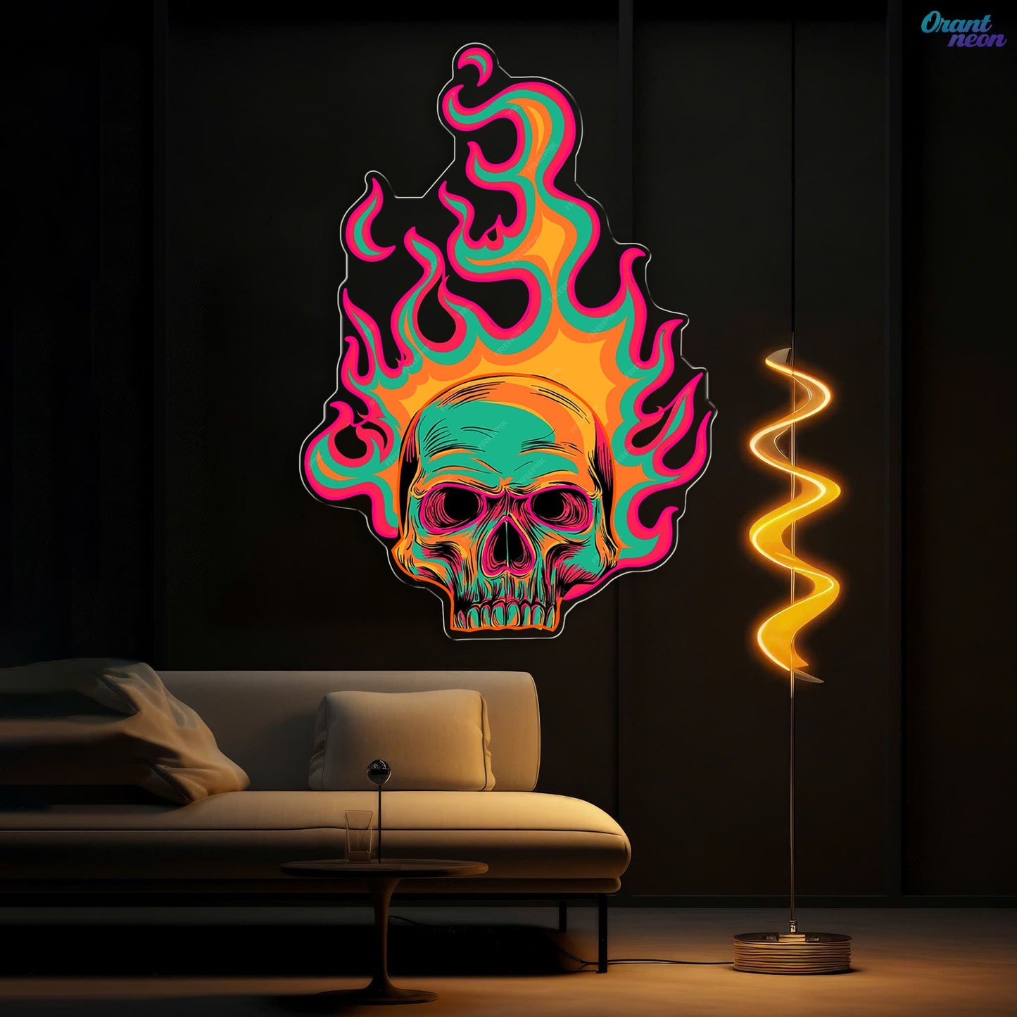 Colorful Fire Burning Skull Neon Sign Light Artwork
