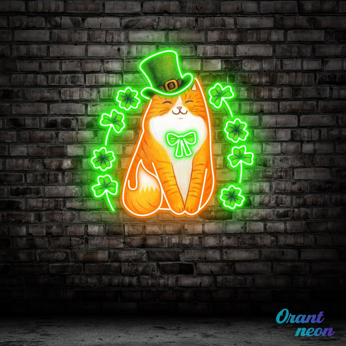 Patrick's Day Cute Cat with Lucky Four Leaf Clover Led Neon Acrylic Artwork