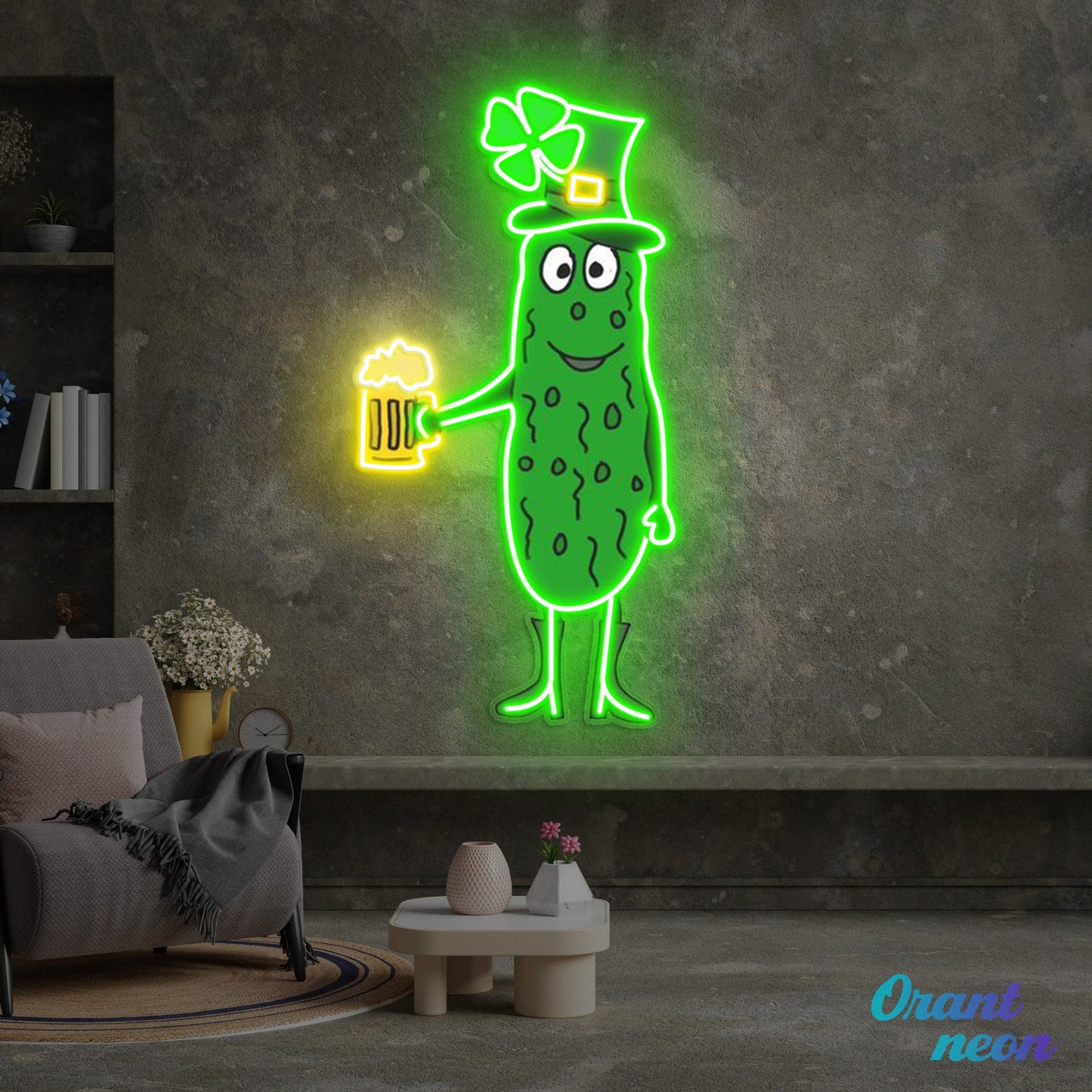 Patrick's Day Cucumber Wearing Hat and Drinking Beer Led Neon Acrylic Artwork