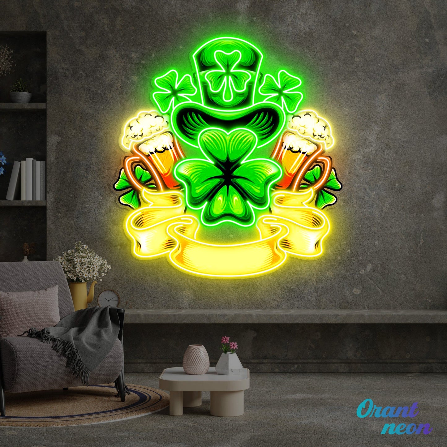 Patrick's Day Hat, Beer And Lucky Leaf Clover Led Neon Acrylic Artwork