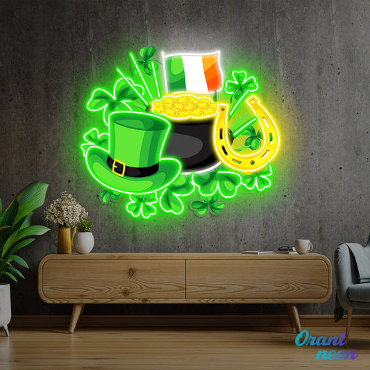 Patrick's Day With Hat Flag And Money Led Neon Acrylic Artwork