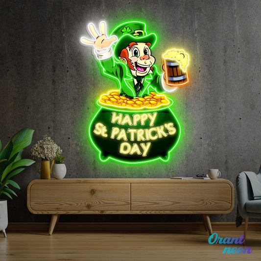Patrick's Day Goblin Holding Beer In Money Valley Led Neon Acrylic Artwork