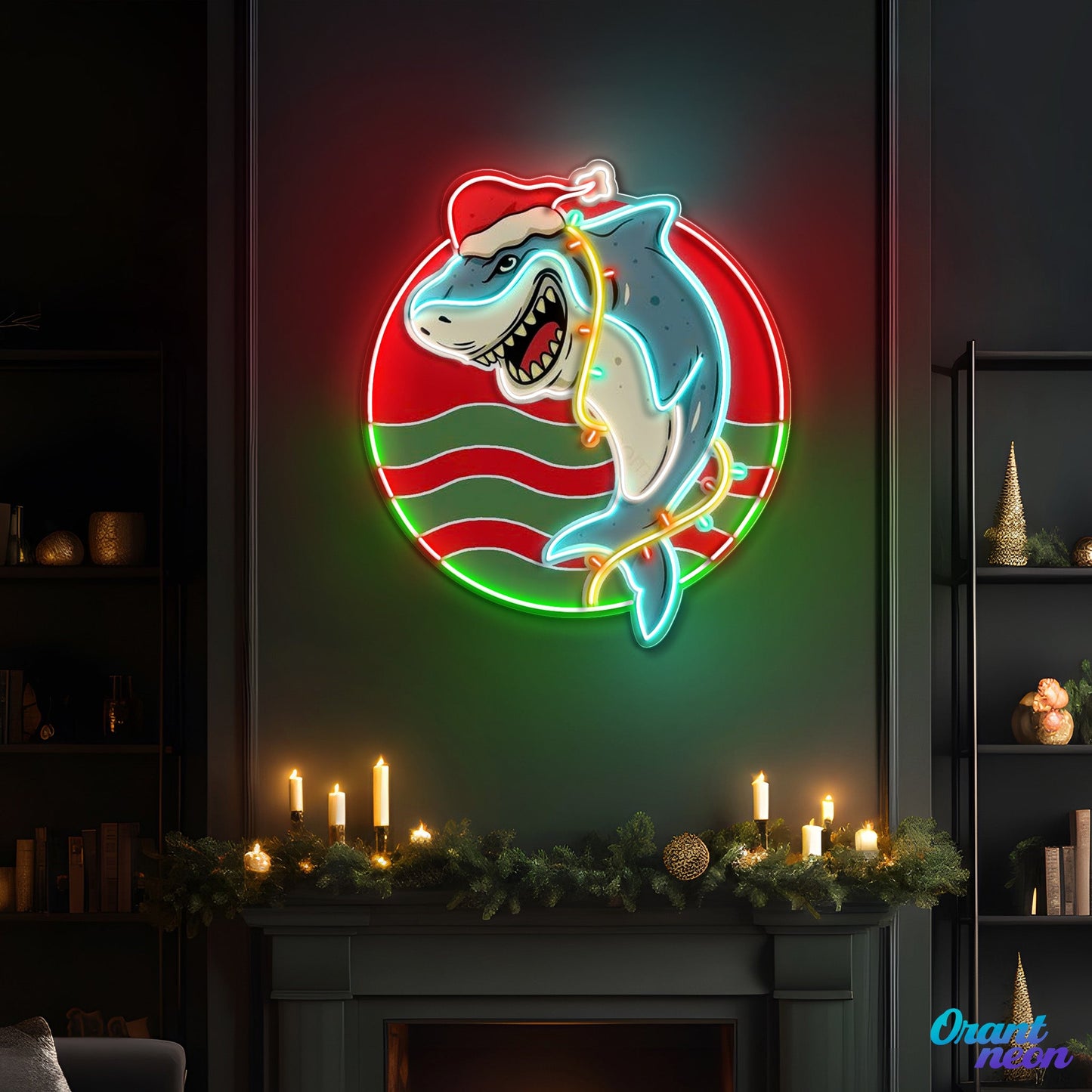 Festive Neon Sign Lights with a Shark Bite Artwork