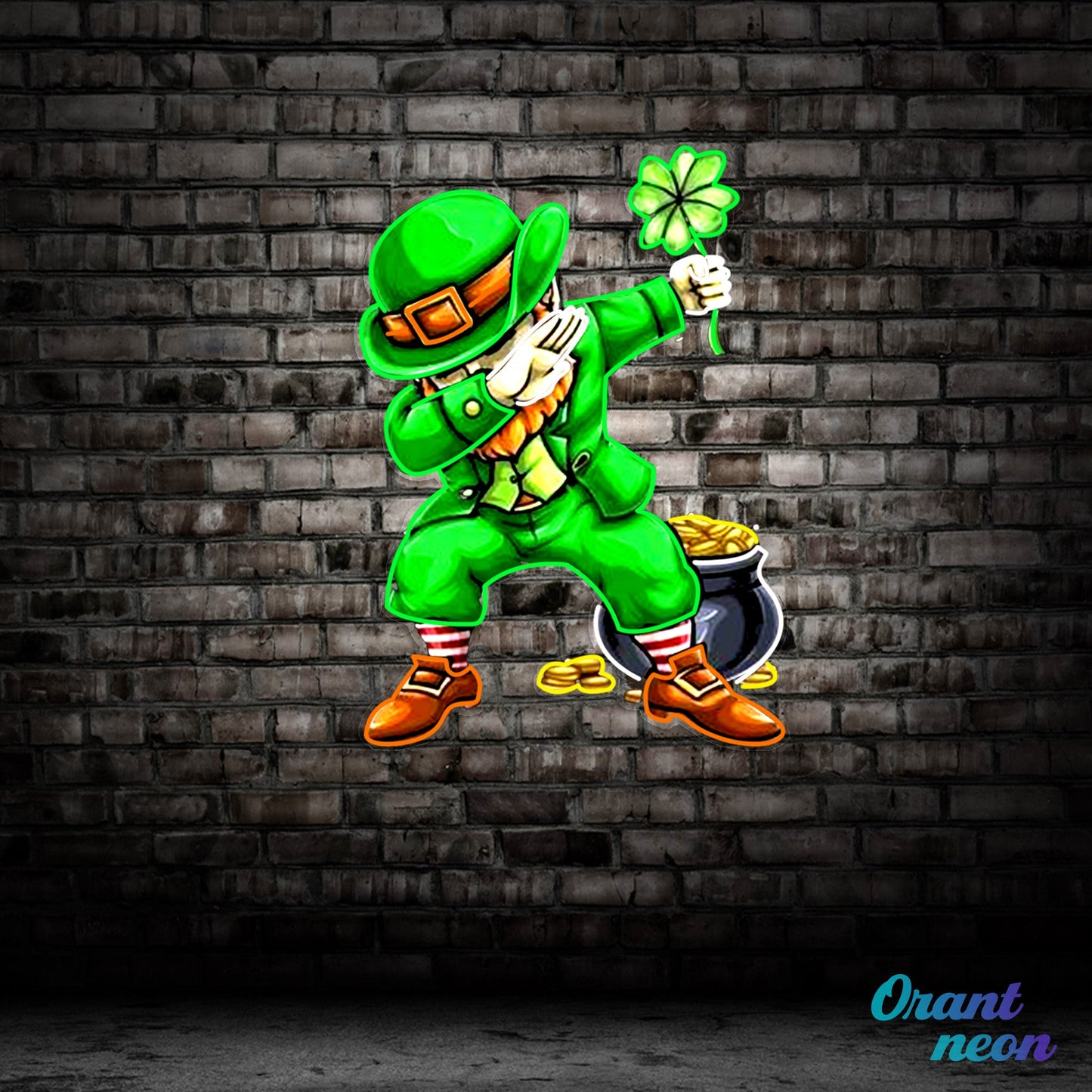 Patrick's Day Goblin Do A Dab and Hold A Four Leaf Clover Led Neon Acrylic Artwork