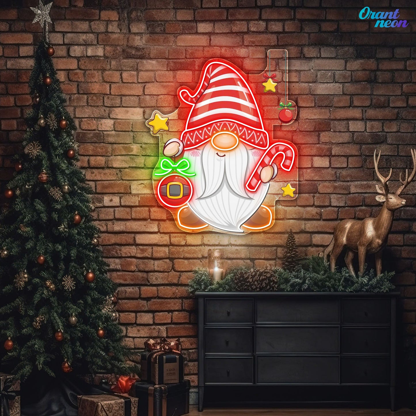 Christmas Dwarf with Bauble and Candy Neon Sign  Light Artwork