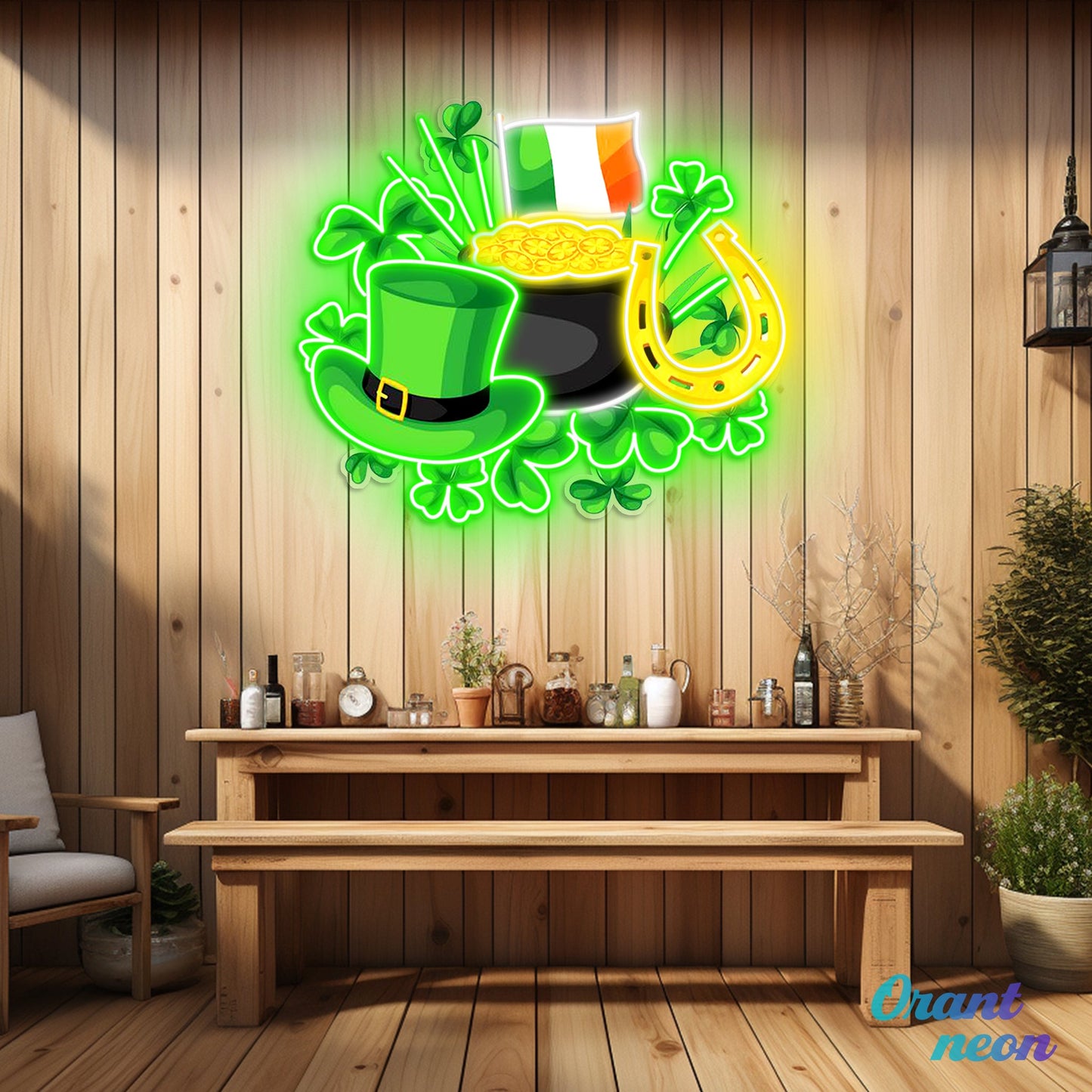 Patrick's Day With Hat Flag And Money Led Neon Acrylic Artwork