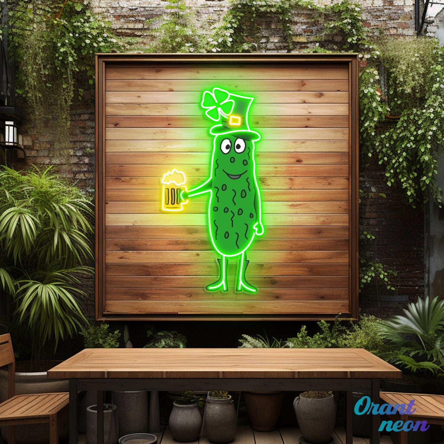 Patrick's Day Cucumber Wearing Hat and Drinking Beer Led Neon Acrylic Artwork