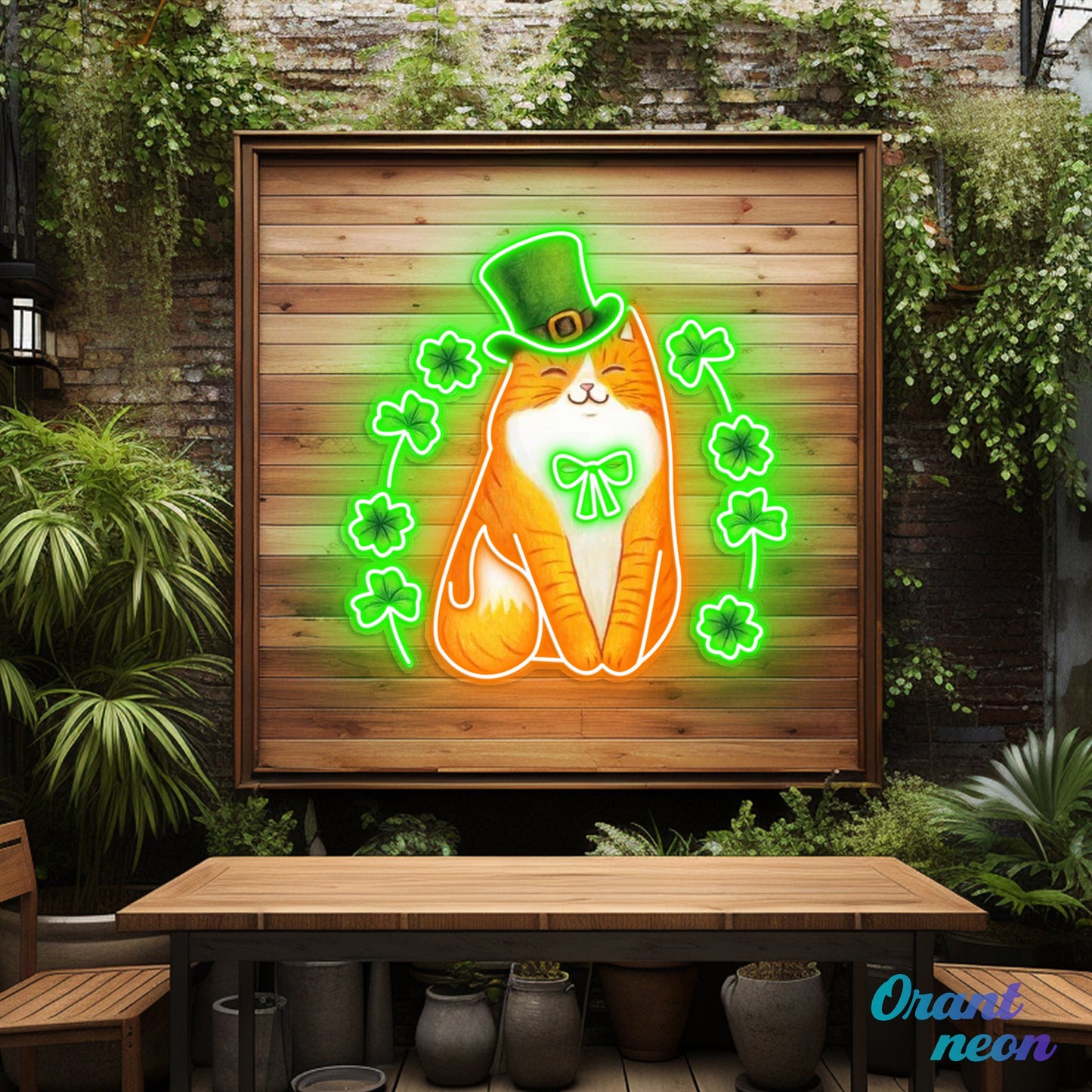 Patrick's Day Cute Cat with Lucky Four Leaf Clover Led Neon Acrylic Artwork