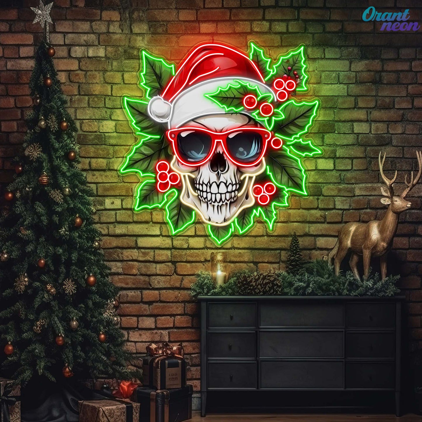 Holly Jolly Skull: Santa in Bloom Neon Sign Light Artwork
