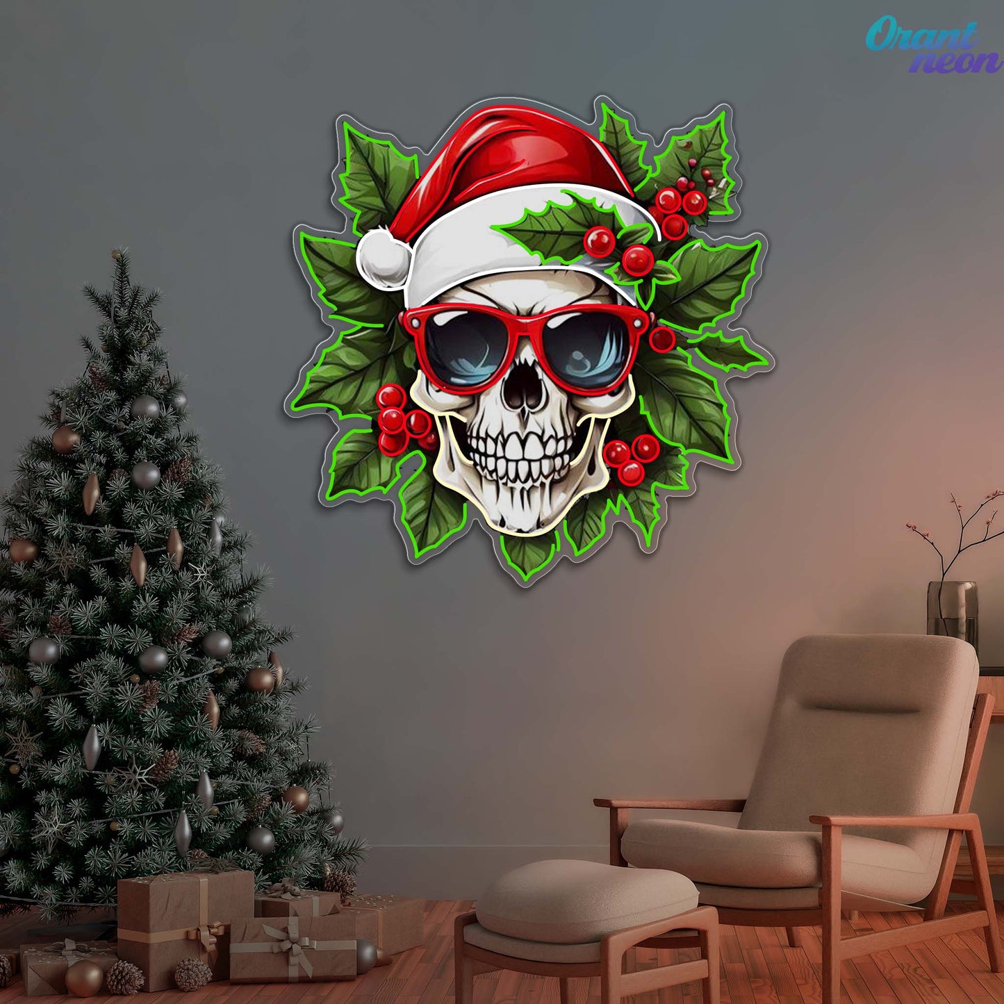 Holly Jolly Skull: Santa in Bloom Neon Sign Light Artwork