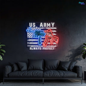 US Army - ArmaLite Rifle Gun and American Flag Neon Sign Light Artwork