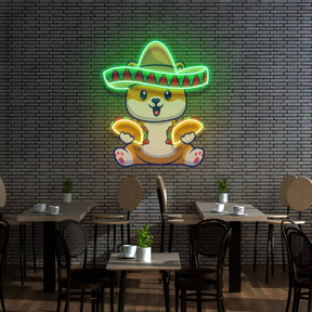 Cute Dog Eating Tacos With Sombreno Hat Artwork Led Neon Sign Light