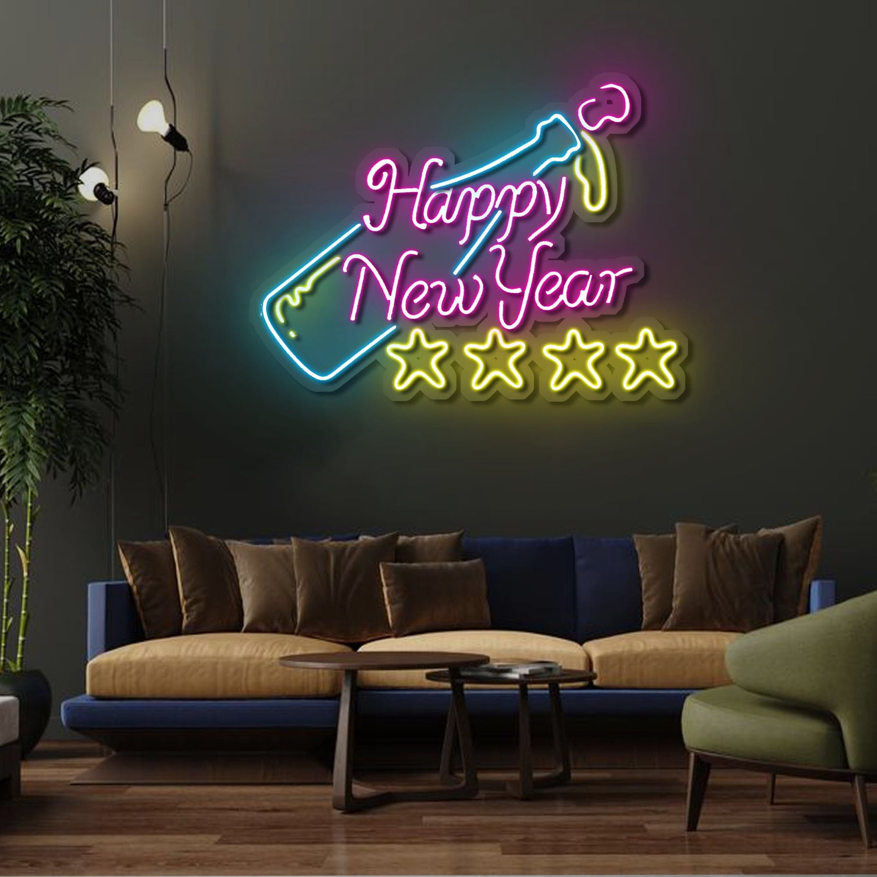 Happy New Year Neon 4 Stars Sign Led