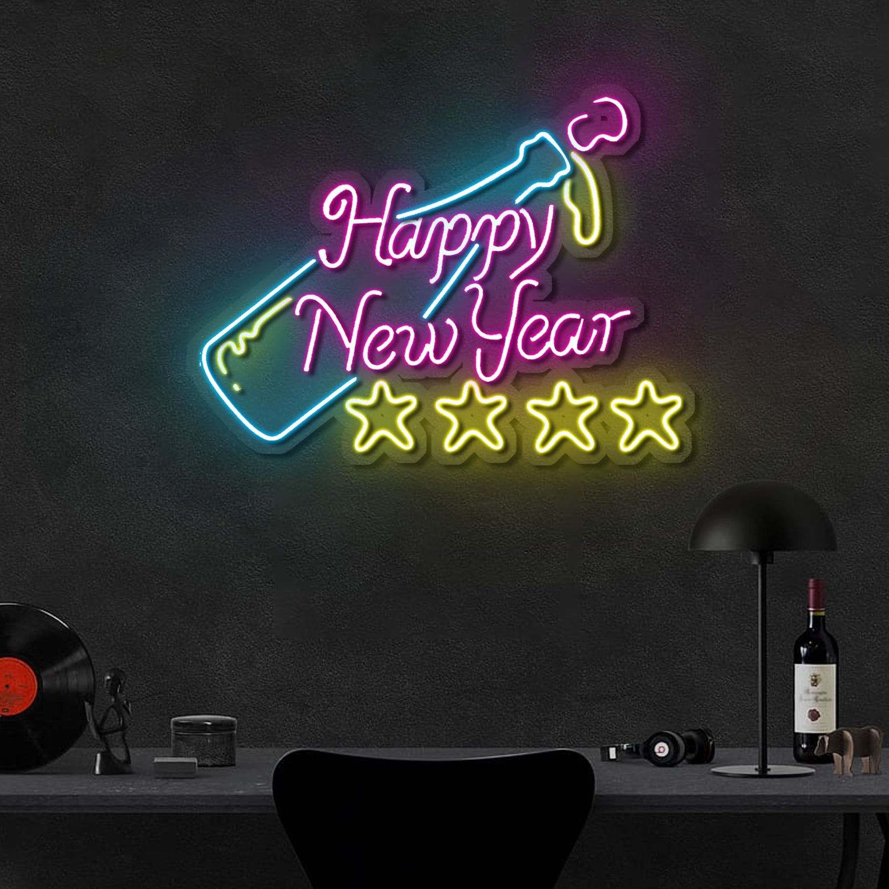 Happy New Year Neon 4 Stars Sign Led